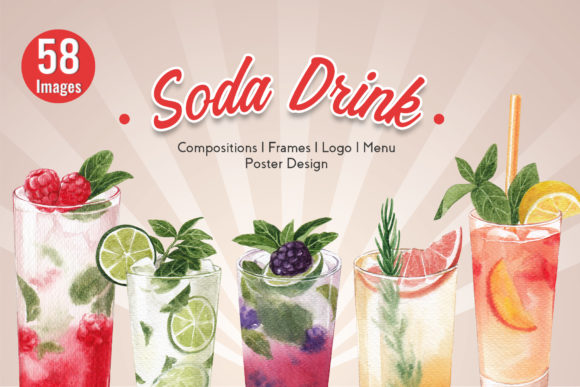 30 Mixed Fruit Soda Drink Watercolor Illustrations
