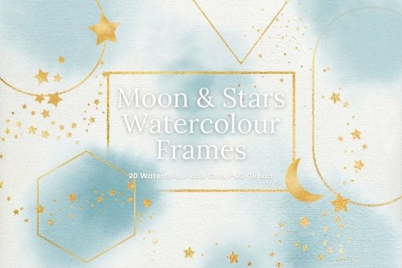 Blue Watercolour and Gold Frame Clipart Illustrations