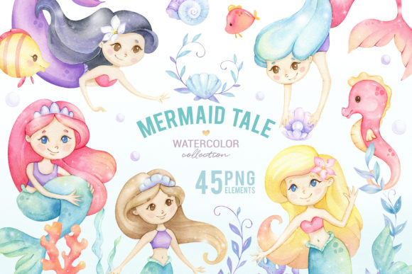 Cute Mermaid Watercolor Clipart and Illustrations