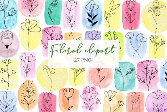 Floral Clipart on Watercolor Background and Illustrations