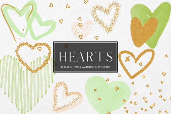 Green Watercolour Gold Glitter Heart Illustrations