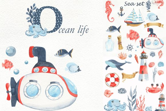 Marine Set Watercolor Illustrations