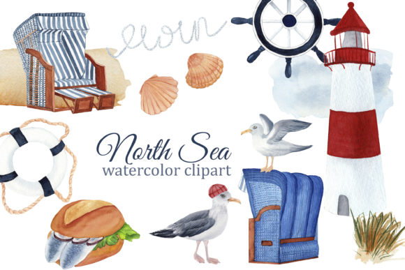 North Sea Nautical Watercolor Clipart and Illustrations