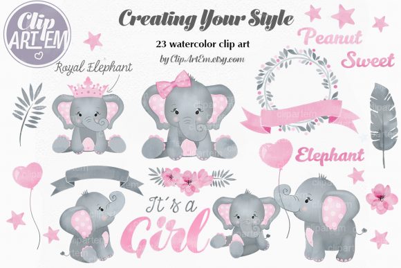 Pink Elephant Watercolor Set & Illustrations