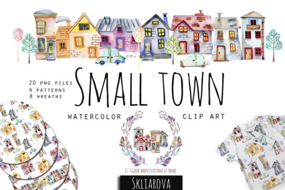 Small Town. Watercolor Clipart. Illustrations