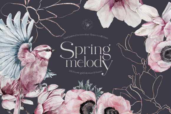 Spring Watercolor Birds and Flowers