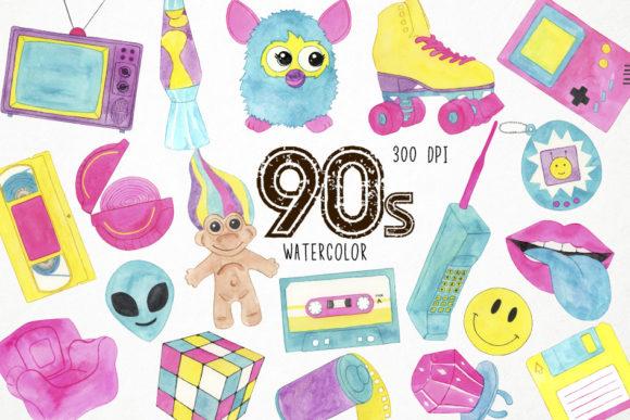 Watercolor 90s Clipart, Retro Illustrations