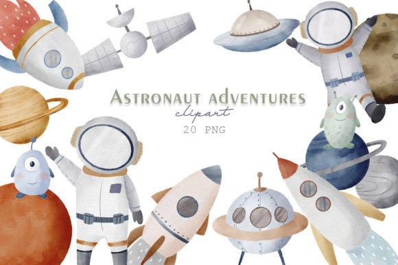 Watercolor Astronaut Adventure Clipart and Illustrations