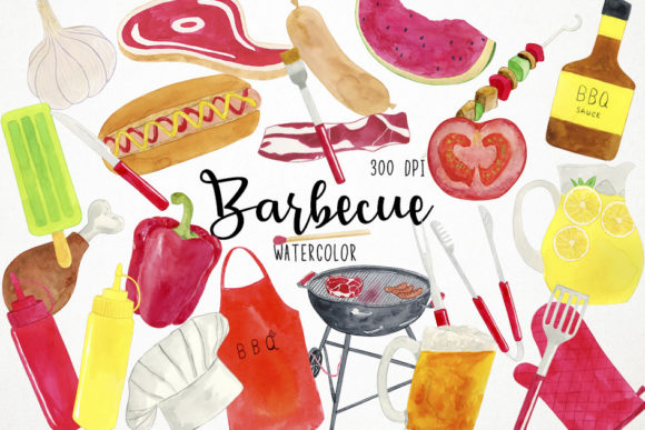 Watercolor BBQ Clipart, Barbecue Illustrations