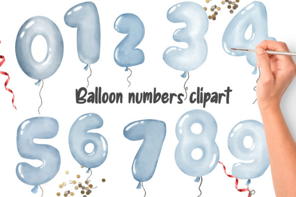 Watercolor Blue Balloon Numbers Clipart and Illustrations