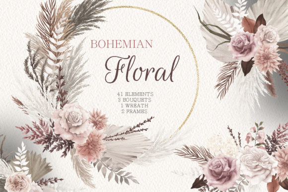 Watercolor Boho Floral Clipart and Illustrations