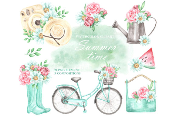 Watercolor Clipart Summer Time. Bicycle. Illustrations