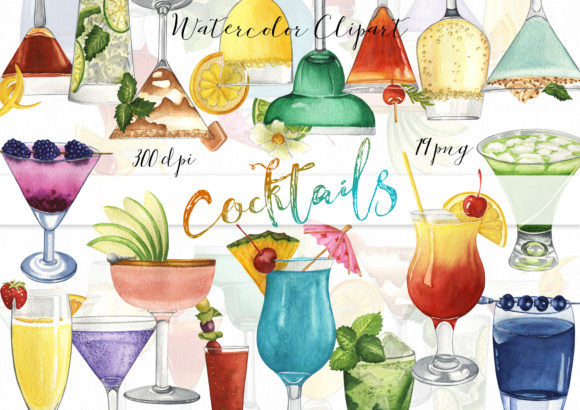 Watercolor Cocktails Clipart and Illustrations