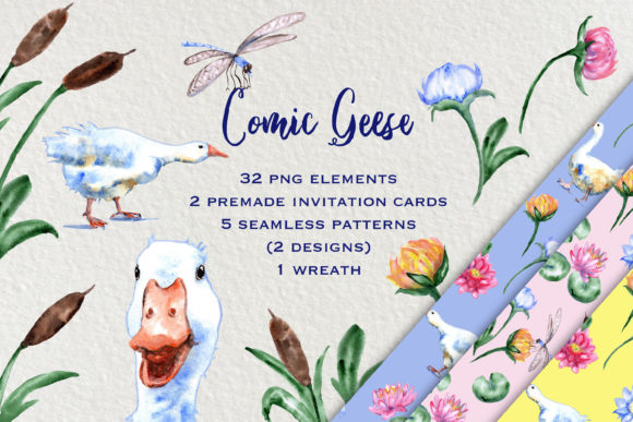Watercolor Comic Geese Clip Art Set and Illustrations