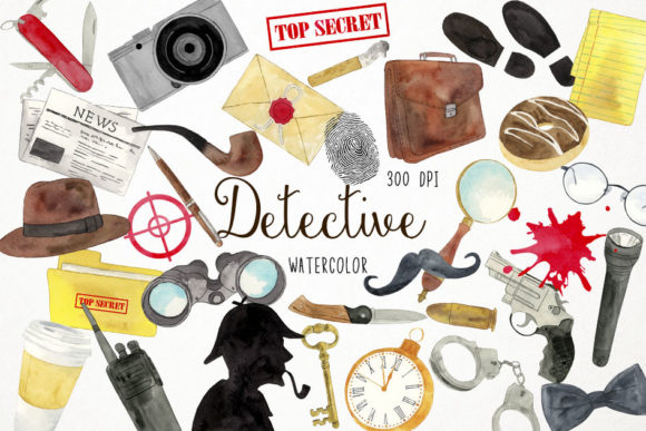 Watercolor Detective Clipart, Spy Illustrations