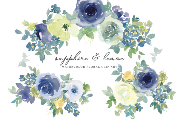 Watercolor Floral Sapphire Lemon Clipart and Illustrations