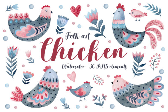Watercolor Folk Art Chicken Clipart and Illustrations