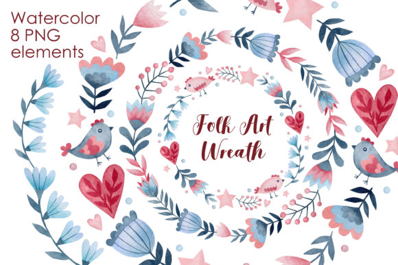 Watercolor Folk Art Wreath Illustrations