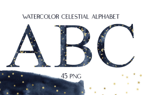 Watercolor Indigo Alphabet Gold Stars Illustrations