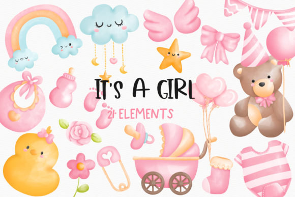 Watercolor It's a Girl Clipart and Illustrations