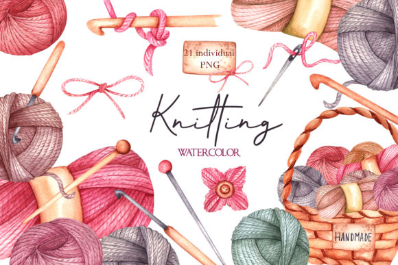 Watercolor Knitting Clipart PNG, YARN Illustrations