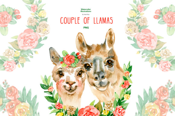 Watercolor Llama Couple Clipart and Illustrations