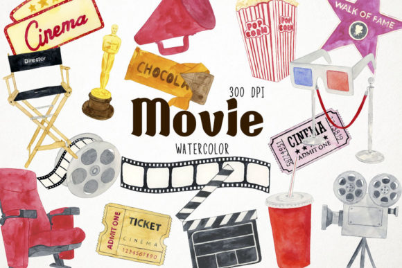 Watercolor Movie Clipart, Illustrations