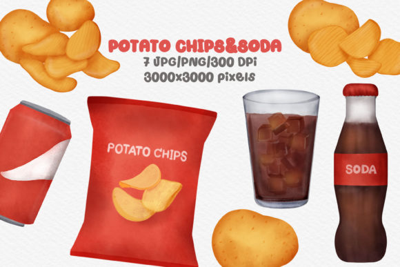 Watercolor Potato Chips and Soda Clipart Illustrations