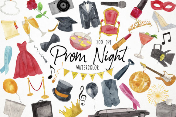 Watercolor Prom Night Clipart, Illustrations