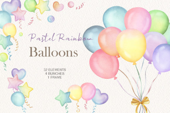 Watercolor Rainbow Balloons Clipart and Illustrations