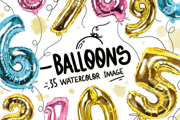 Watercolor Rainbow Number Balloons Illustrations