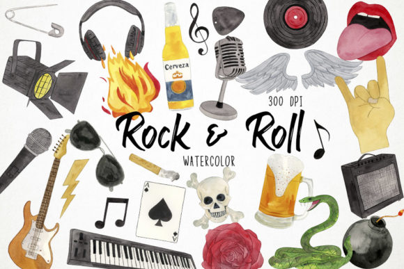 Watercolor Rock and Roll Clipart, Heavy Illustrations