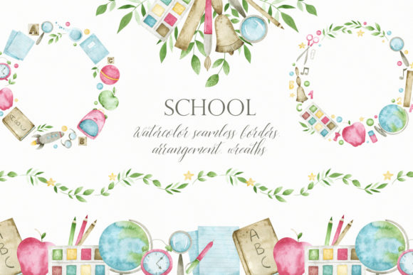 Watercolor School Borders Clipart and Illustrations