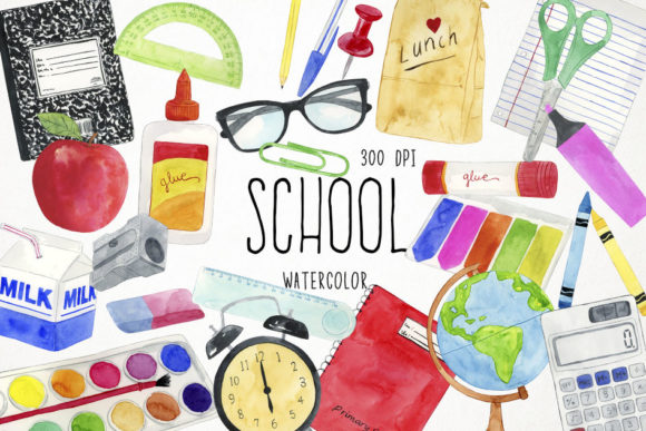 Watercolor School Clipart, Classroom