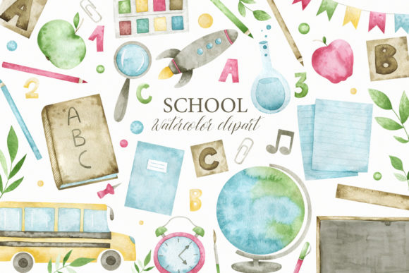 Watercolor School Clipart, PNG and Illustrations