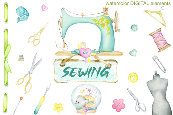 Watercolor Sewing Kit Illustrations