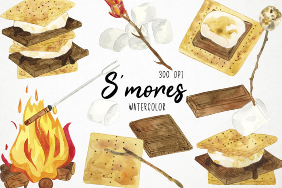Watercolor Smores Clipart, Camping Illustrations