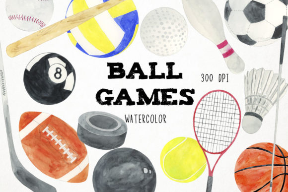 Watercolor Sports Clipart, Ball Games