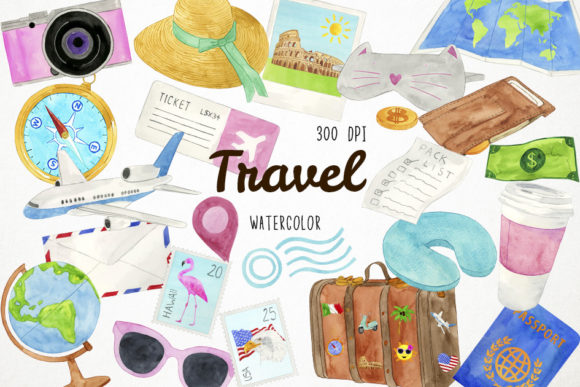 Watercolor Travel Clipart, Holiday Illustrations