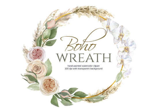 Watercolor Wreath Roses, Pampas Grass